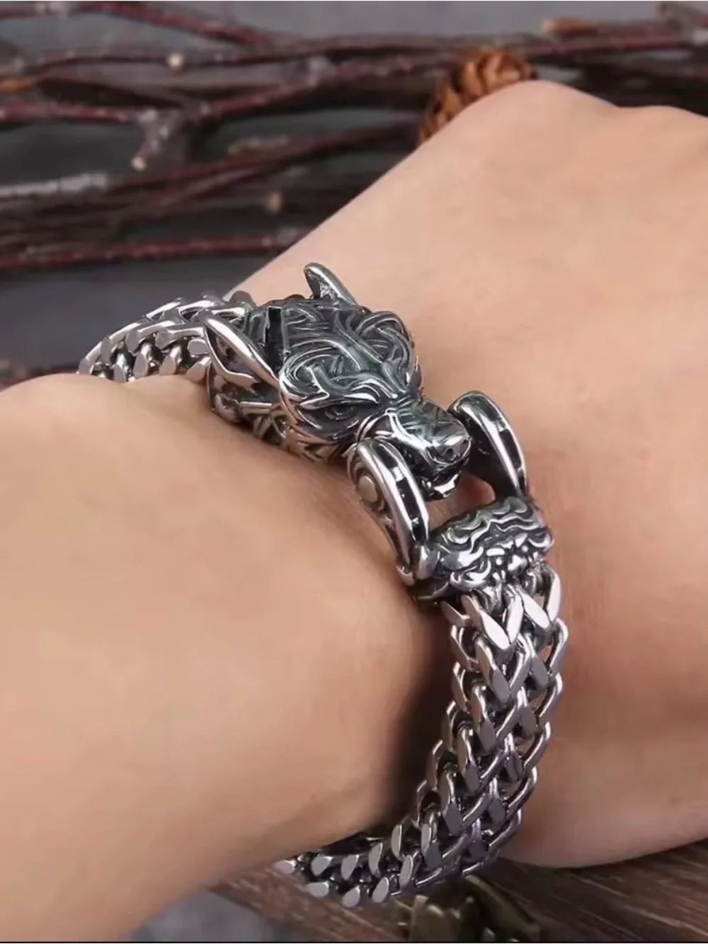 Sterling Silver Viking Wolf Bracelet - Braided Chain